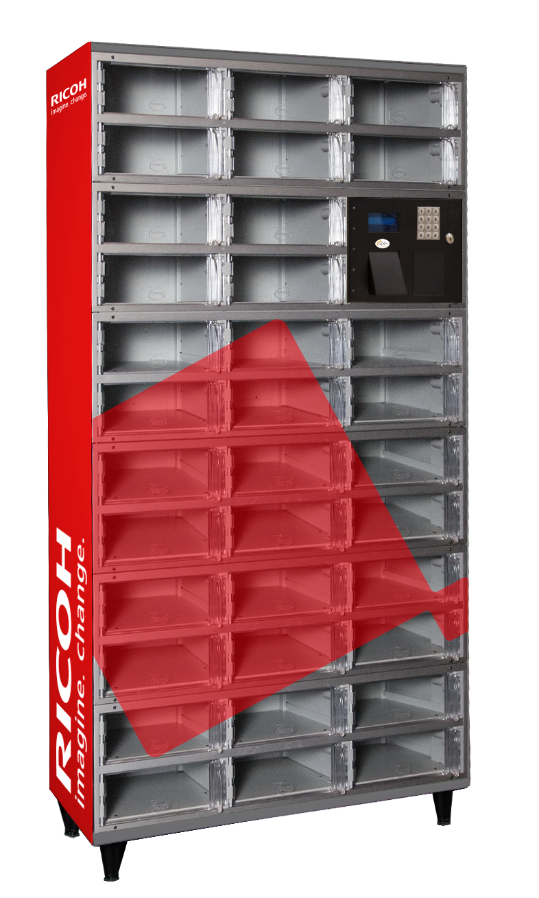 Simplifiez la gestion des équipements et des documents avec les consignes intelligentes Ricoh, accessibles en tout temps et en toute sécurité.